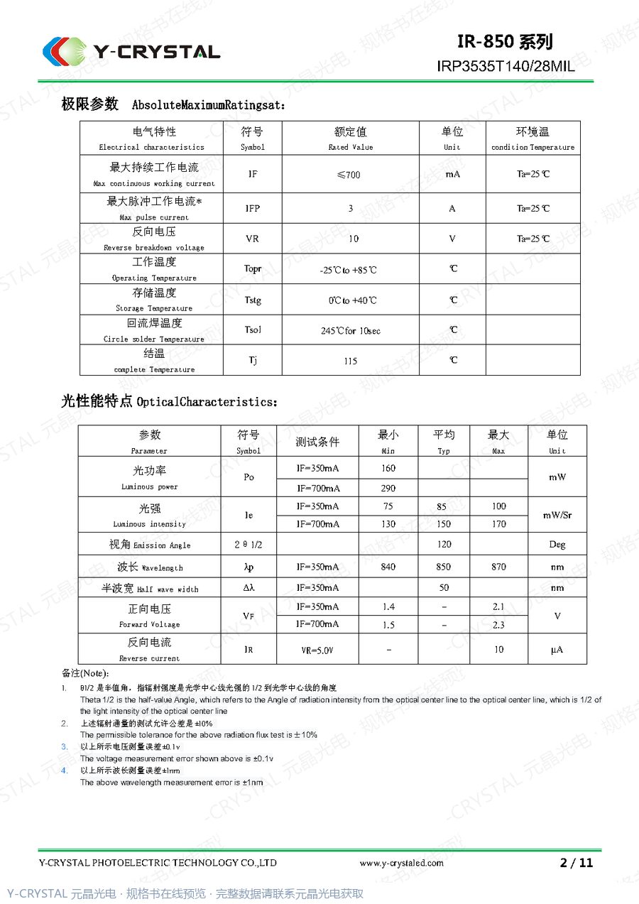 JY-IR3535-850 规格书 第1页